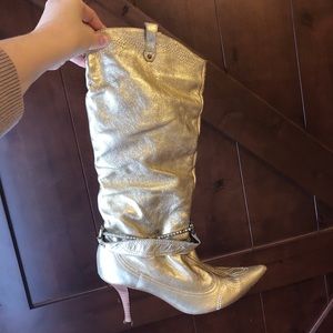 Gold leather boots.